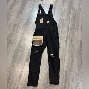 Black Distressed Overalls with Tan Pocket